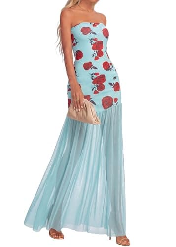 KIRUNDO Women's 2026 Summer Strapless Bodycon Floral Maxi Dress Mesh Mermaid Wedding Guest Cocktail Party Formal Dresses(Floral Blue Rose Red, X-Small) - Image 1