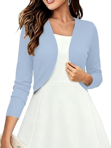 Heymoments Women's Long Sleeve Thin Shrugs for Dresses Light Blue Medium Open Front Knit Lightweight Coat Cropped Tops Shawls and Wraps Cardigan Dressy Sweater Clothes - Image 1
