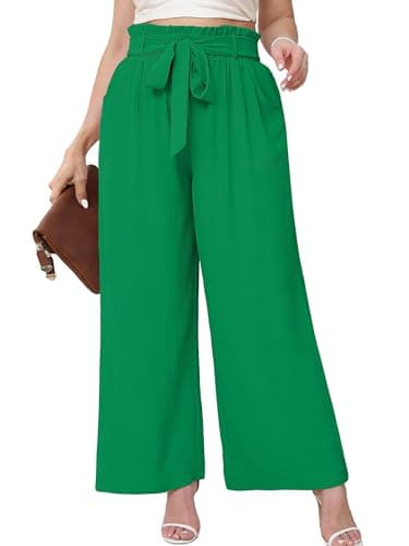 AusLook Women's Plus Size Wide Leg Pants with Pockets Emerald 2X Lightweight High Waisted Tie Knot Paperbag Dressy Palazzo Loose Paper Bag Comfy Business Casual Work Flowy Dress Ladies' Trousers - Image 1