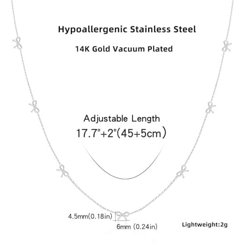 BOLAGTIER Dainty 7-Bow Necklace: 14K Gold Plated Minimalist Adjustable 17.7”+2” Stainless Steel Choker | Trendy Ribbon-Inspired Design, Simple Chain Jewelry Gift for Women (Silver) - Thumbnail 5