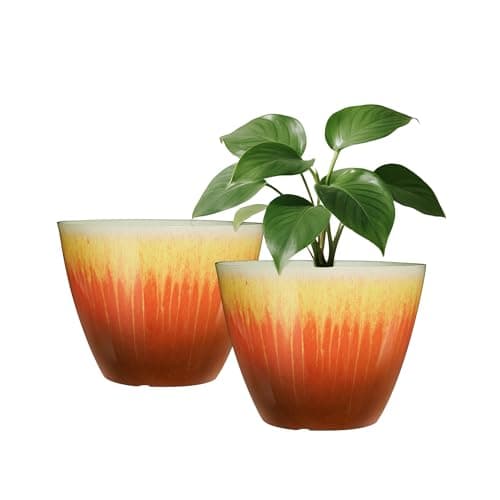 LESOASIS 8 inch Plant Pots Pack of 2, Plastic Flower Pots Flower Pots, Modern Glossy Finishing Planter for Indoor Outdoor Plants (Orange Glaze) - Image 1