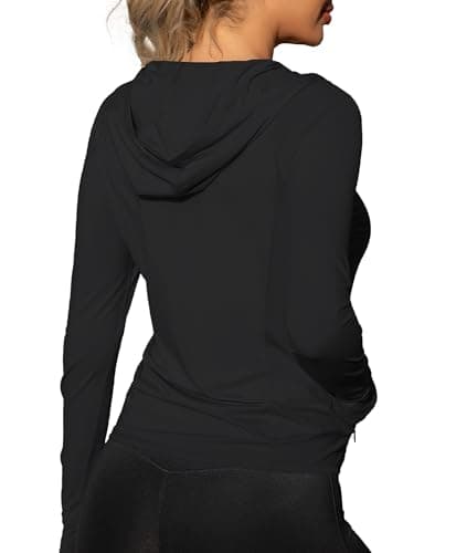 We1Fit Women's UPF 50+ Slim Fit Athletic Jacket Full Zip Hooded Sun Protection Running Shirts with Pockets Black - Thumbnail 2
