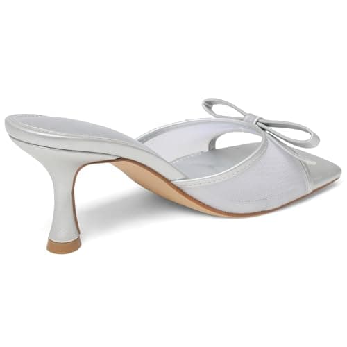Attiposh Kitten Heels for Women Silver Heel Open Square Toe Heeled Sandals Bow Mesh Mules Slip On Heels Comfortable Dress Shoes for Party Prom,Size 9 - Thumbnail 5
