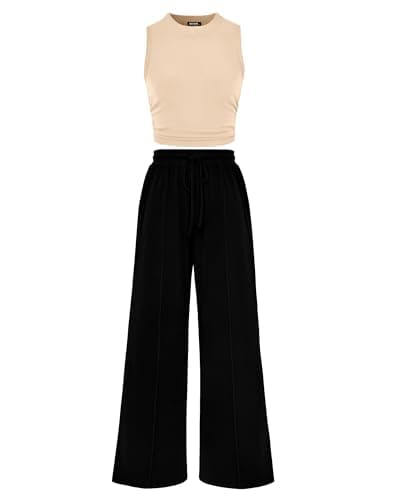 BTFBM Summer Outfits For Women 2026 Ribbed Sleeveless Tank Tops Wide Leg Pants 2 Piece Sets Lounge Set Clothing(Apricot Black, XX-Large) - Image 1