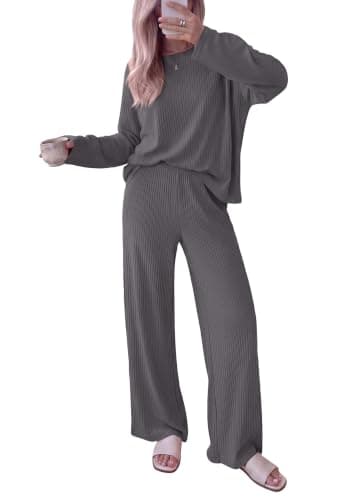 KIRUNDO Spring 2 Piece Lounge Sets for Women Long Sleeve Ribbed Knit Tops Wide Leg Pants Matching Travel Outfits Postpartum(Dark Grey, XX-Large) - Image 1