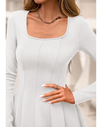 BTFBM Square Neck Dress for Women Casual Spring Long Sleeve Knit Pleated Elegant Classy 2026 Fall Cocktail Mini Dresses(White, Small) - Thumbnail 5