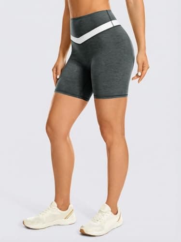 Aoysky Womens Buttery Soft Biker Shorts 6" High Waisted V-Shaped Color Block Booty Gym Yoga Athletic Shorts with Pockets Black Grey - Thumbnail 2