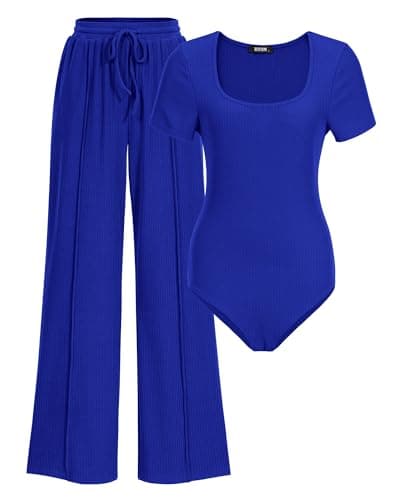 BTFBM Womens Summer 2 Piece Outfits 2026 Square Neck Short Sleeve Drawstring Pants Knit Spring Lounge Matching Sets(Royal Blue, Small) - Image 1