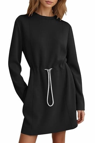 COCOMARTS Womens Casual Long Sleeve Crewneck Sweatshirt Dress Drawstring Waistband Tunic Tops Vacation Mini Dresses 2025 Fall Black Large - Image 1