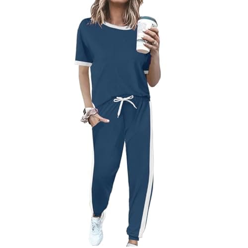 KBKBSN Women 2 Piece Outfits 2026 Summer Casual Sweatsuits Short Sleeve Top Lounge Sets Long Pants Tracksuits Set with Pocket Darkblue M - Image 1