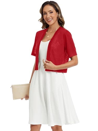Heymoments Women's Thin Shrugs for Dresses Red Large Open Front Short Sleeve Lightweight Coat Cropped Tops Shawls and Wraps Cardigan Dressy Clothes - Thumbnail 4