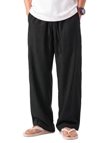 Areant Mens Lightweight Summer Pants Baggy Loose Fit Breathable Casual Sweat Pants Elastic Waist Drawstring for Beach Vacation Lounge Black Small