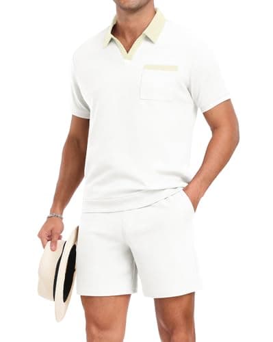 PrinStory Men's Summer Track Suits Waffle Knit Polo Shirt and Shorts Set Casual 2 Pieces Outfits with Pockets White-S - Image 1