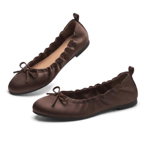 Coutgo Women's Ballet Flats, Bow Round Toe Slip On Dress Shoes Comfortable Flats for Work Casual, Chocolate Satin, Size 6.5 - Image 1