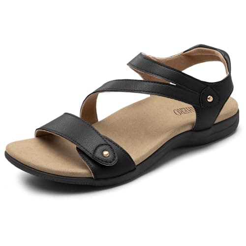 Rihero Orthopedic Sandals for Women Arch Support Comfortable Flat Sandals with Adjustable Strap for Summer Beach Walking Black 5.5 - Image 1