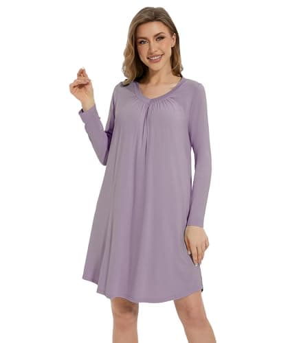 WiWi Women's Bamboo Viscose Nightgowns Long Sleeve Warm Nighties Sleepshirts Loose V-neck Sleepwar Pjs Dress S-XXL, Violet, X-Large - Image 1