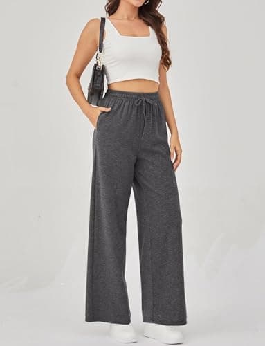 Arolina Fall Pants for Women Soft Lounge Sweat Pants Elastic Waist Mid-Weight Trousers Plus Size Wid Leg Pants with Pockets Dark Gray - Thumbnail 3