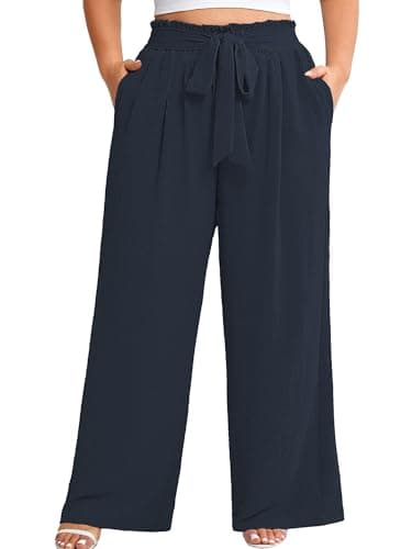 AusLook Plus Size Wide Leg Pants for Women High Waist Elastic Drawstring Palazzo Casual Lounge Dark Blue 1X Pants with Pockets Flowy Travel Work Office Comfortable Summer Casual Trousers