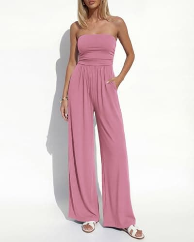 BTFBM Jumpsuits For Women Summer 2026 Beach Vacation Strapless Tube Top Jumpsuit Ruched Casual Wide Leg Pant Rompers(Pink, Large) - Thumbnail 2