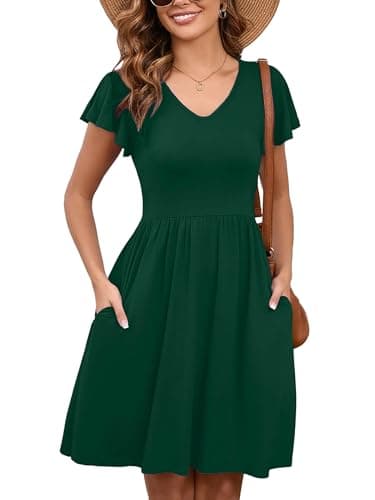 Heymoments Women Summer Dress Ruffle Sleeve Green XX-Large V Neck Casual Cute Loose Sundress Comfy Swing Midi Work Flowy Tunic Ladies Beach Vacation Teacher Dresses with Pockets - Image 1