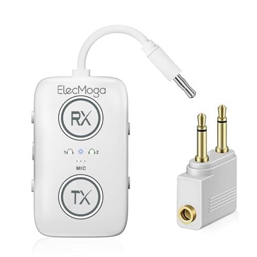 2026 Upgraded Airplane Bluetooth 5.4 Adapter with aptX Adaptive, ElecMoga Airplane Travel Essentials Supports 2 AirPods or Headphones, 2-in-1 AUX Wireless Transmitter Receiver for Gym, TV, Car, White - Image 1