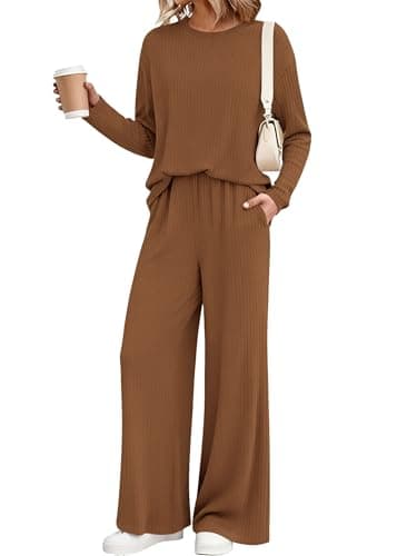 KIRUNDO Spring 2 Piece Lounge Sets for Women Long Sleeve Ribbed Knit Tops Wide Leg Pants Matching Travel Outfits Postpartum(Caramel, Small) - Image 1