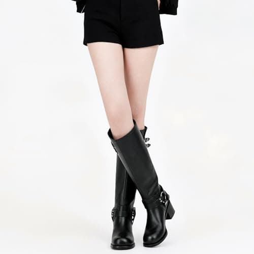 QIV Black Pebbled Knee High Motorcycle Boots for Women – Classic Harness Ring Mid Calf Riding Biker Boots with Buckle Straps & Low Block Heel Size 9.5 - Thumbnail 5