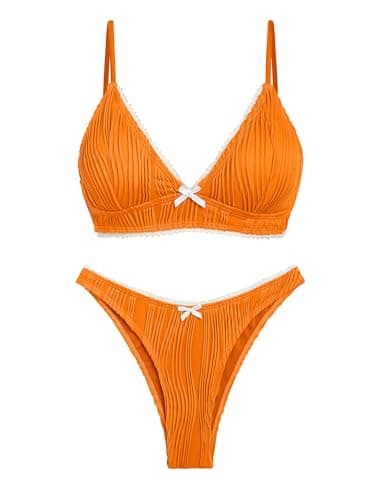 seamoly Womens Bathing Suit Striped Swimwear Trim High Cut Super Cheeky Bikini Set Ladies Backless Swimsuit Orange S - Image 1