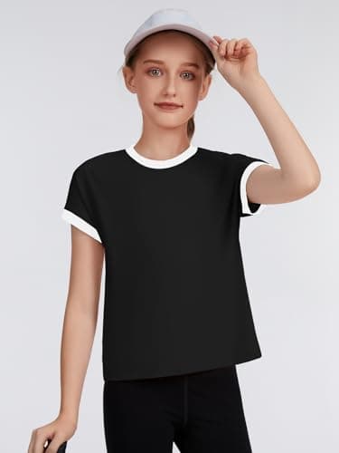 ZDC Girls Athletic Shirts Kids Summer Short Sleeve Workout T Shirt Quick Dry Tops Color Block Gym Yoga Tee Black - Thumbnail 4