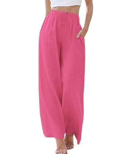 Vidifid Women's Linen Summer Palazzo Pants Casual Loose Flowy Wide Leg Beach Pants with Pockets Pink - Image 1