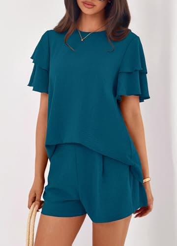 KIRUNDO 2 Piece Sets For Women Summer Ruffle Short Sleeve Top Elastic Waist Pants Matching Lounge Set Vacation Travel Outfits(Dark Blue, Small) - Thumbnail 5