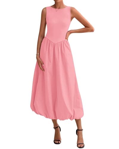 BTFBM Women's 2026 Summer Casual Sleeveless Midi Dress Patchwork Knit Tank Bubble Long Flowy Beach Maxi Sundress Pockets(Pink, XX-Large) - Image 1