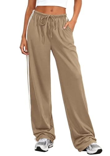 PRETTYGARDEN Womens Wide Leg Sweatpants Striped Drawstring Waist Casual Athletic Track Sports Pants Trousers Workout Clothes (Khaki,XXL) - Image 1