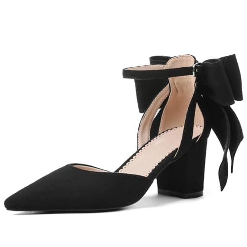Yremael Women's Black Pointed Toe Pumps Bow Ankle Strap Chunky High Heels Dress Wedding Shoes - Image 1