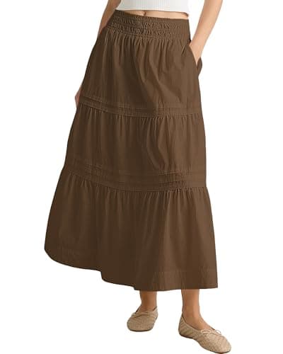 Bsubseach Maxi Skirts for Women Boho Elastic High Waist Flowy Tiered A-Line Long Skirt with Pockets Brown M - Image 1