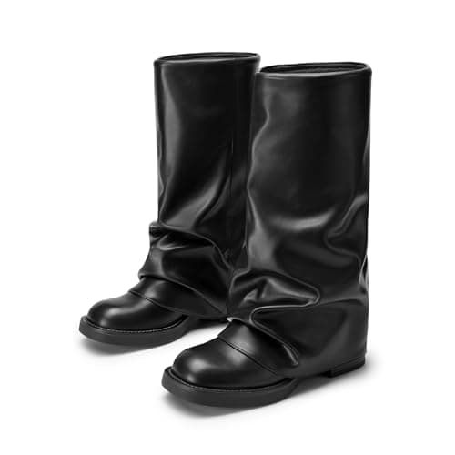 Athlefit Slouchy Mid Calf Boots for Women Black Fold Over Platform Square Toe Dress Pull On Wide Calf Boots for Party Concerts Size 6.5 - Thumbnail 6