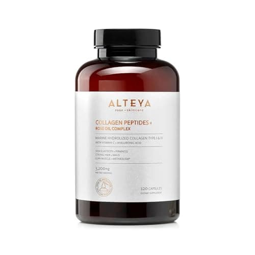 Alteya Organics Collagen Peptides & Rose Oil Complex – Beauty Supplement with 3200mg Marine Hydrolyzed Collagen Type I & III, Vitamin C & Hyaluronic Acid – Skin, Hair, Nail & Joint Support