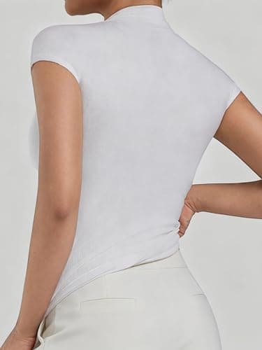 Sunzel Women's High Neck Short Sleeve Top Buttery Soft Stretch Breathable Fitted Sleek Going Out Tops Casual Summer Basic Tee White X-Small - Thumbnail 3