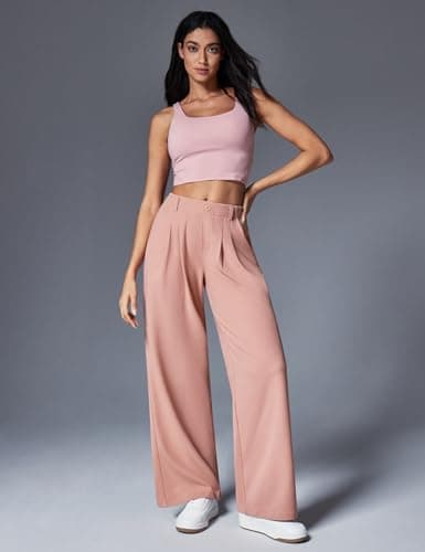 IUGA Wide Leg Pants Woman Pull on Stretchy Work Dress Pants High Waisted Business Casual Trousers Slacks Petite, Small, Pink - Thumbnail 3