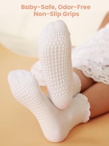 ALLOVIN 6 Pairs Non-Slip Ruffle Lace Socks for Baby & Toddler Girls – Soft Cotton Grip Socks | Off-white | 6-12 Months - Thumbnail 3