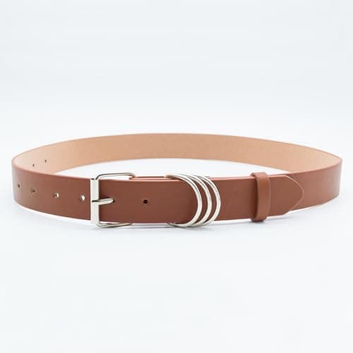 EONTISO Women Studded Leather Belt for Jeans, Punk Silver D-Rings & Chain, Roller Buckle Brown S - Thumbnail 4