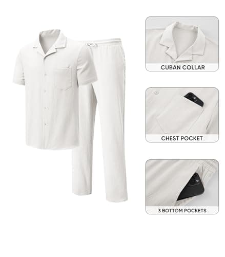 JMIERR Men Texture 2 Piece Outfit Short Sleeve Lightweight Beach Button Down Shirt Casual Pant Sets with Pocket - Thumbnail 6
