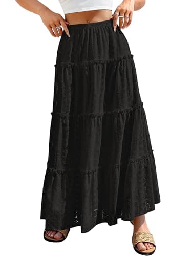 ANRABESS Womens Maxi Skirt 2026 Summer Beach Vacation Eyelet Boho Long Flowy Skirts Spring Trendy Swing Tiered A-Line Dress Black Medium - Image 1