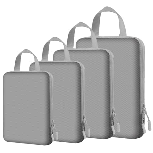 NBERMOTION 4 Set Expandable Compression Packing Cubes for 3–7 Day Travel, Solid & Plaid Fabric Travel Organizers, Double-Zipper Storage Bags for Carry-On & Suitcases(4set-Grey)