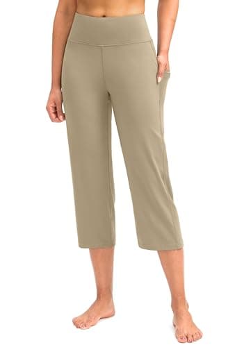 G Gradual Capri Pants for Women High Waist Workout Yoga Pants with Pockets Tummy Control Leggings Crop Straight(Khaki,L) - Image 1