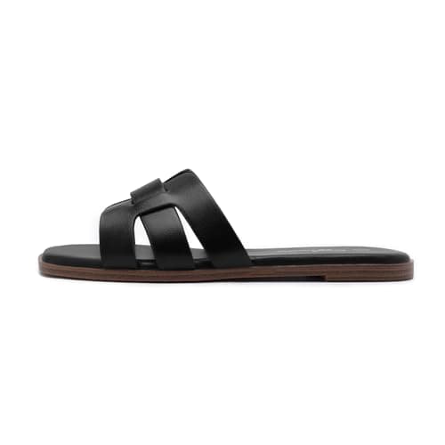 Athlefit Women's Black Flat Sandals Fashion Square Open Toe Dressy Summer Slip On Leather Slide Sandals Size 7.5 - Thumbnail 3