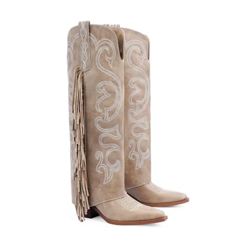 QIY Cowboy Boots Nude Fold Over Knee High Cowgirl Boots for Women Western Fringe Boot Cow Boy Pointy Toe Embroidered Chunky Heel with Tassels Tall Shark Boot for Women Size 6.5 - Thumbnail 6