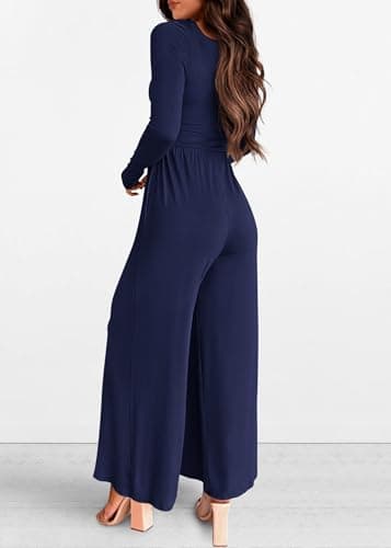 KIRUNDO Long Sleeve Jumpsuit for Women 2026 Spring Outfits Summer One Piece Square Neck Wide Leg Pants Romper With Pockets(Navy, X-Large) - Thumbnail 2