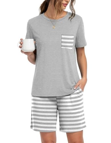 PrinStory Pajama Sets For Womens Short Sleeve Shirts and Shorts Casual Loungewear with Pockets 2026 Summer Light Gray Stripe L - Image 1
