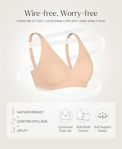 Seamless Bra Wireless Bras with Support and Lift Push Up Minimizer Bras for Women No Underwire Comfortable Comfy Deep V Bralettes Nude - Thumbnail 4